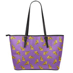 Purple Pizza Pattern Print Leather Tote Bag