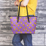 Purple Pizza Pattern Print Leather Tote Bag