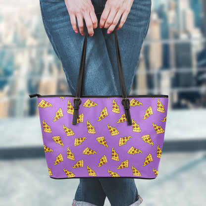 Purple Pizza Pattern Print Leather Tote Bag