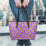 Purple Pizza Pattern Print Leather Tote Bag