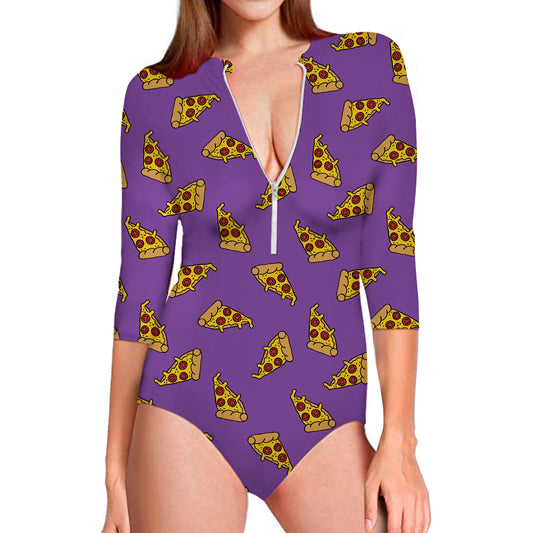 Purple Pizza Pattern Print Long Sleeve Swimsuit
