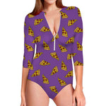 Purple Pizza Pattern Print Long Sleeve Swimsuit