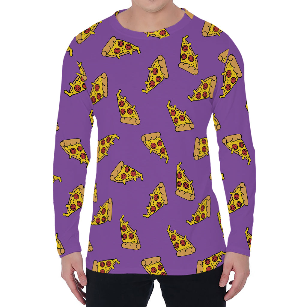 Purple Pizza Pattern Print Men's Long Sleeve T-Shirt