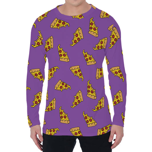 Purple Pizza Pattern Print Men's Long Sleeve T-Shirt