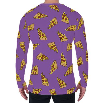 Purple Pizza Pattern Print Men's Long Sleeve T-Shirt