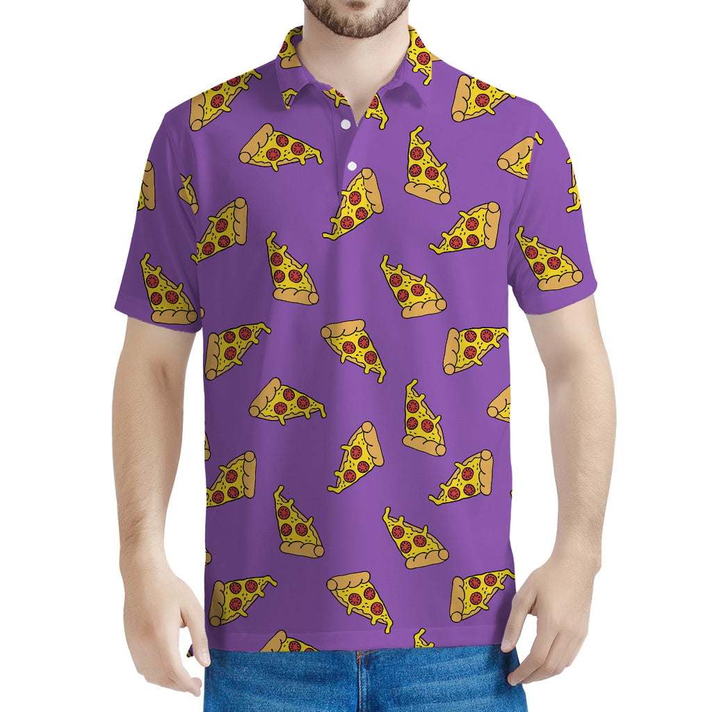 Purple Pizza Pattern Print Men's Polo Shirt