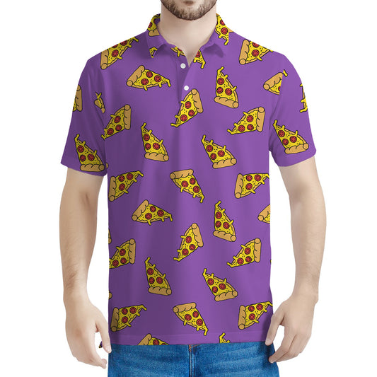 Purple Pizza Pattern Print Men's Polo Shirt
