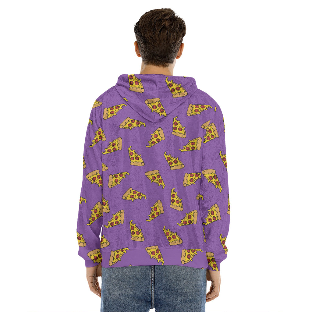 Purple Pizza Pattern Print Men's Velvet Pullover Hoodie