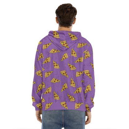 Purple Pizza Pattern Print Men's Velvet Pullover Hoodie