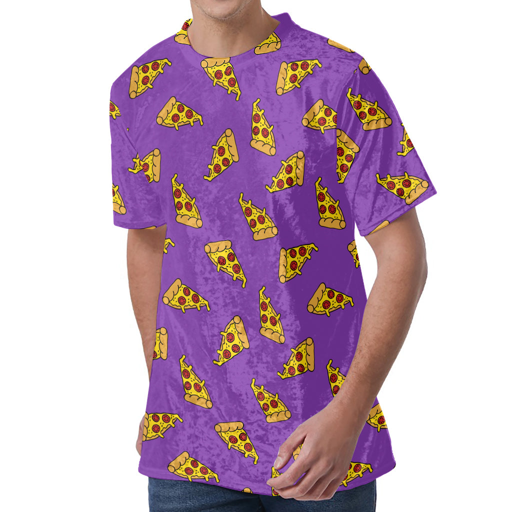 Purple Pizza Pattern Print Men's Velvet T-Shirt