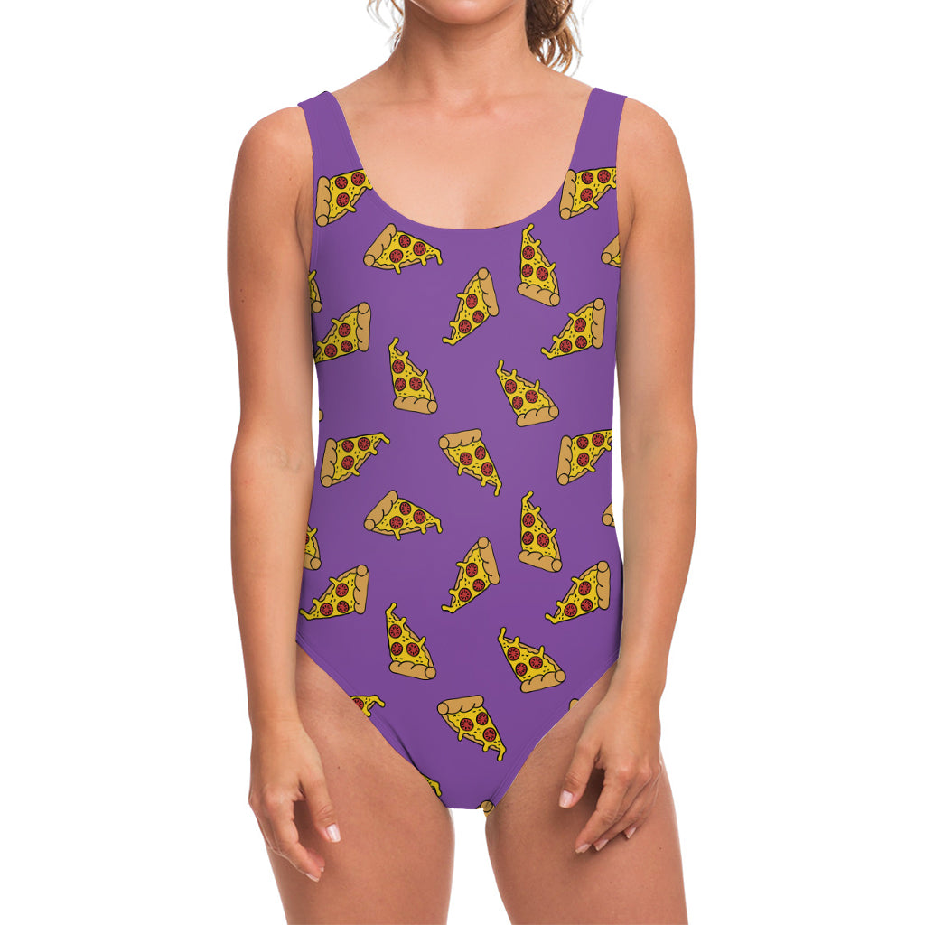 Purple Pizza Pattern Print One Piece Swimsuit