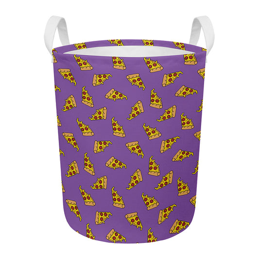 Purple Pizza Pattern Print Round Laundry Basket