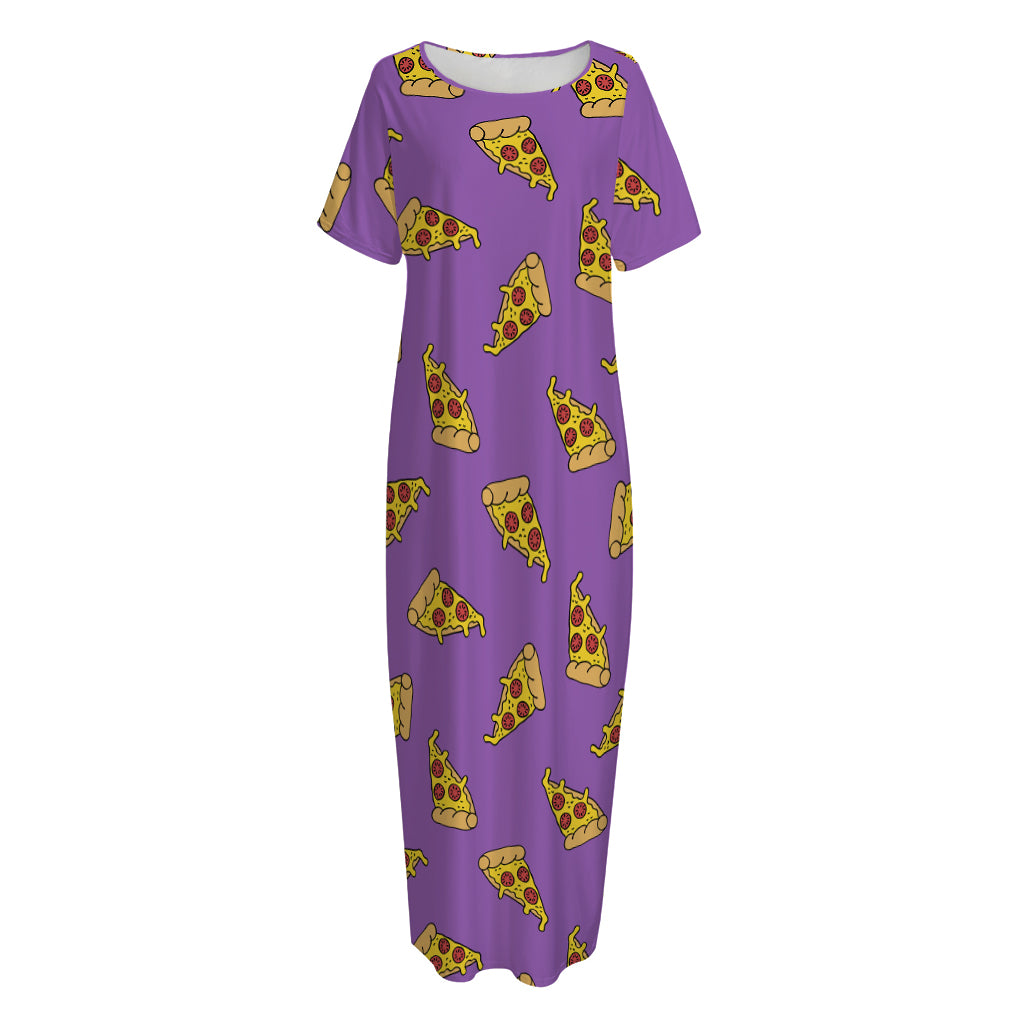 Purple Pizza Pattern Print Short Sleeve Long Nightdress