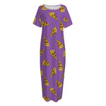 Purple Pizza Pattern Print Short Sleeve Long Nightdress