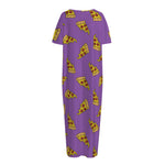 Purple Pizza Pattern Print Short Sleeve Long Nightdress