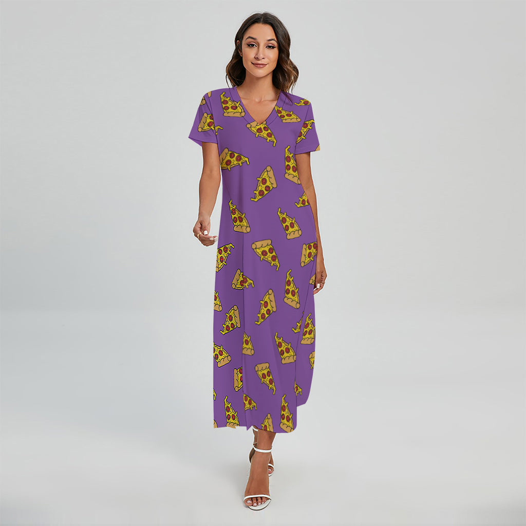 Purple Pizza Pattern Print Short Sleeve Maxi Dress