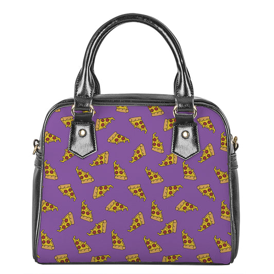 Purple Pizza Pattern Print Shoulder Handbag