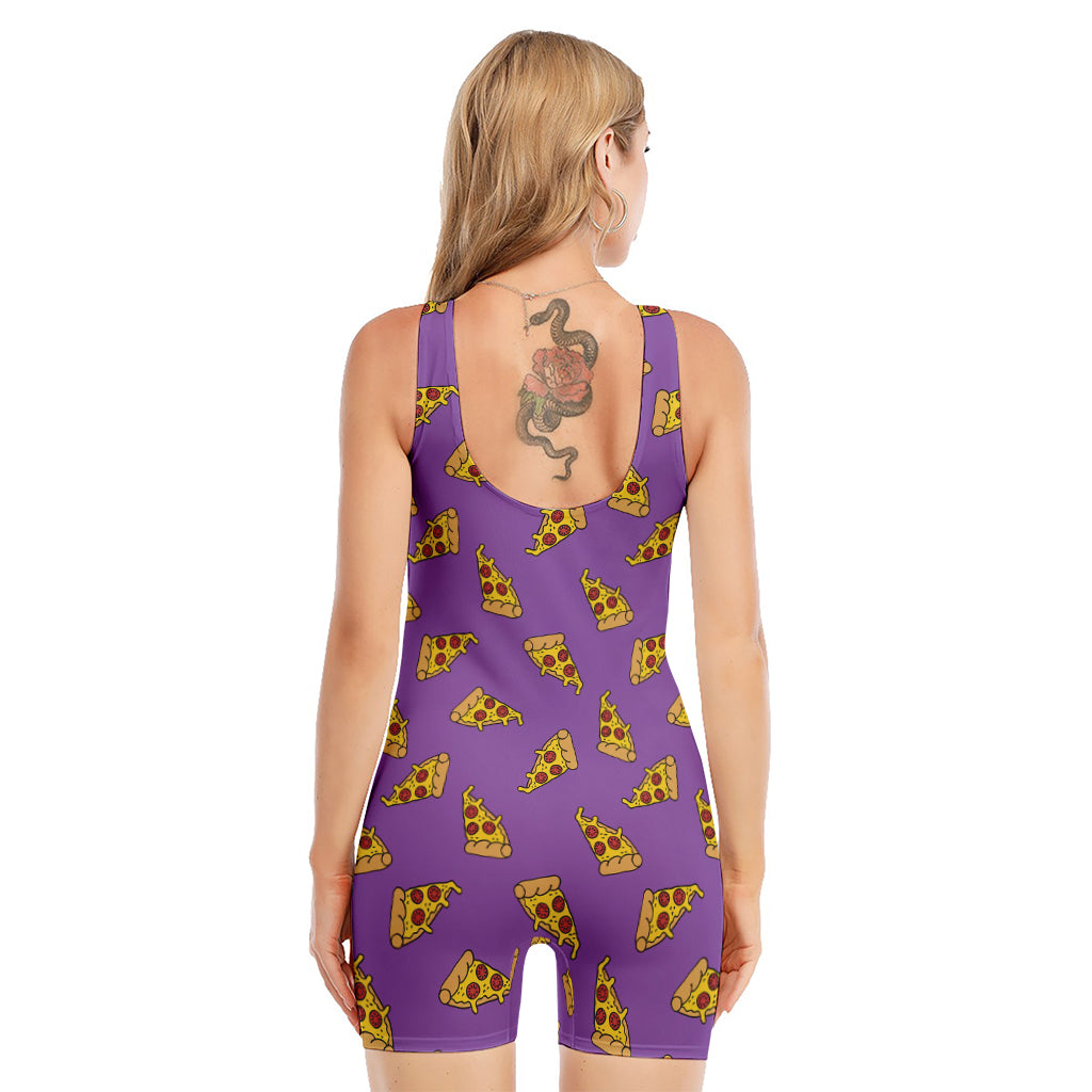 Purple Pizza Pattern Print Sleeveless One Piece Swimsuit