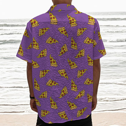 Purple Pizza Pattern Print Textured Short Sleeve Shirt