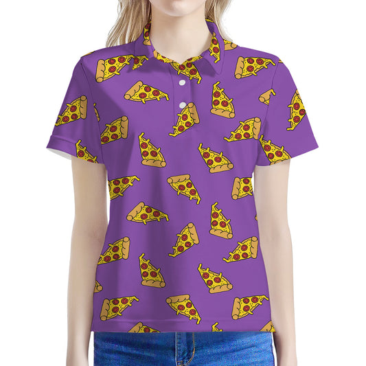 Purple Pizza Pattern Print Women's Polo Shirt