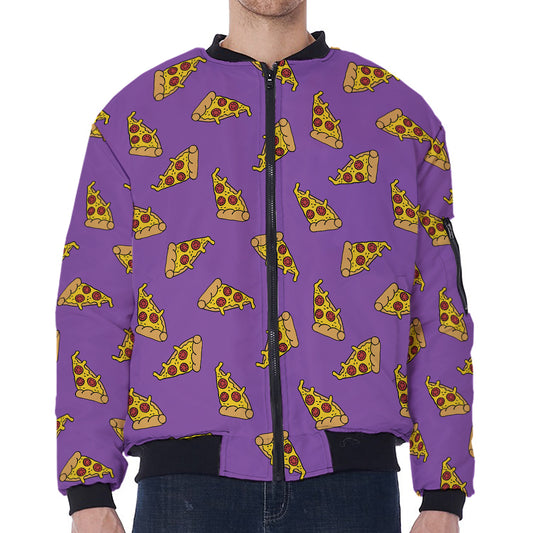 Purple Pizza Pattern Print Zip Sleeve Bomber Jacket