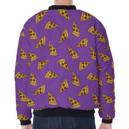 Purple Pizza Pattern Print Zip Sleeve Bomber Jacket
