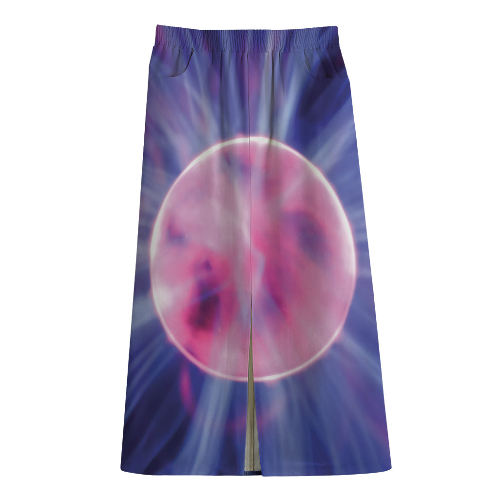 Purple Plasma Ball Print Cotton Front Slit Maxi Skirt