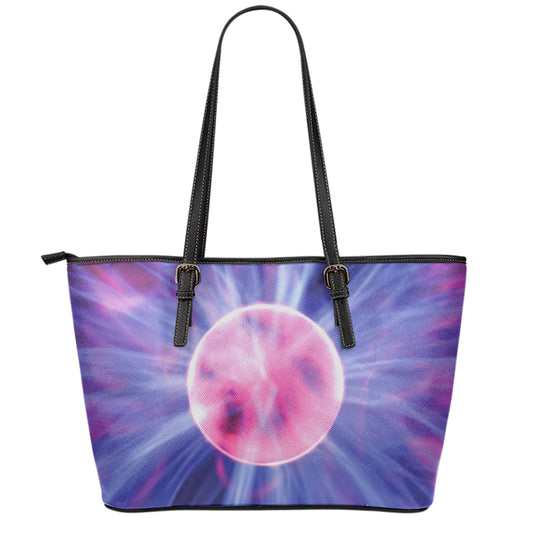 Purple Plasma Ball Print Leather Tote Bag