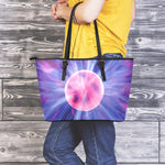 Purple Plasma Ball Print Leather Tote Bag