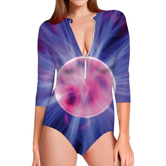 Purple Plasma Ball Print Long Sleeve Swimsuit