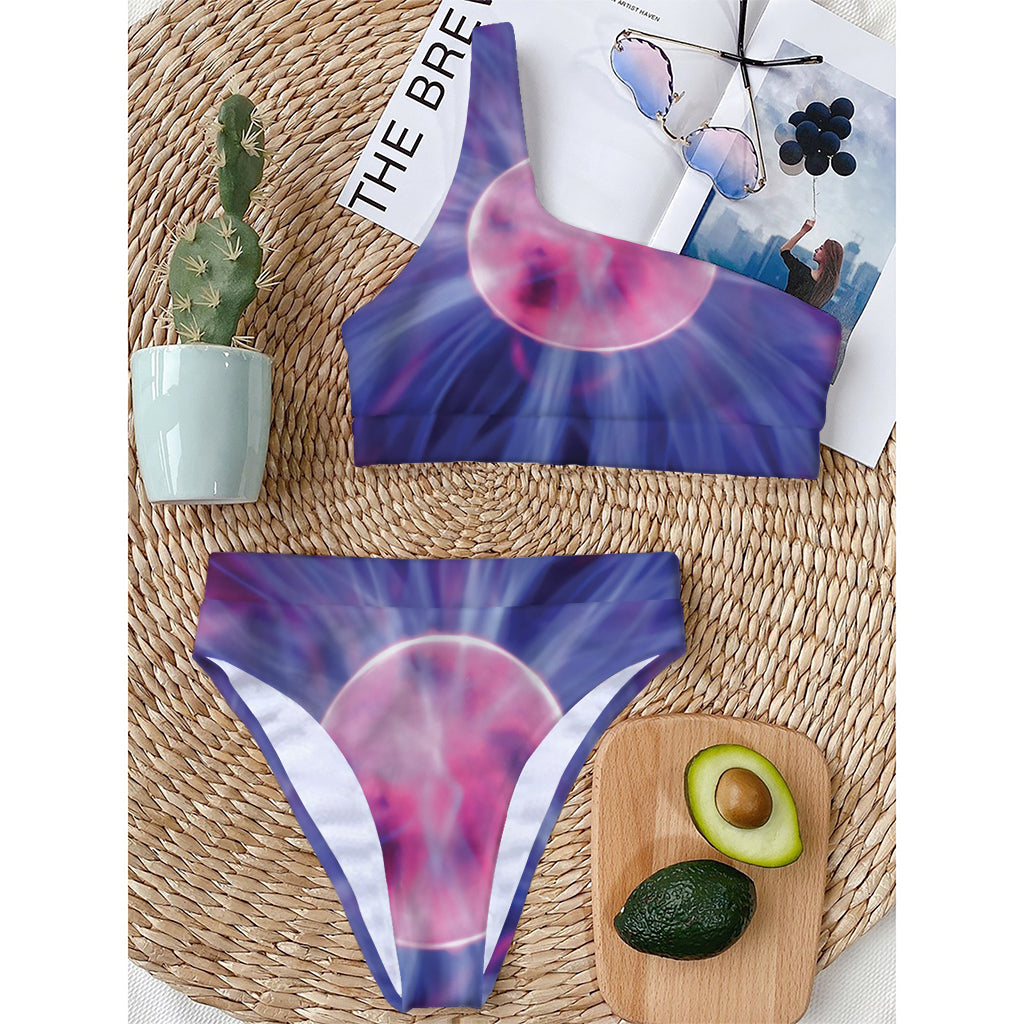 Purple Plasma Ball Print One Shoulder Bikini Top