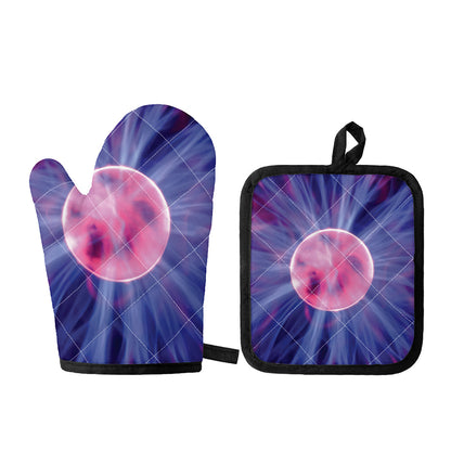 Purple Plasma Ball Print Oven Mitt And Pot Holder Set