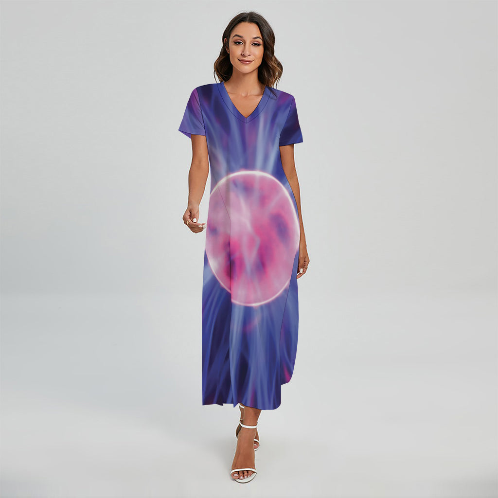 Purple Plasma Ball Print Short Sleeve Maxi Dress