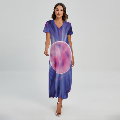 Purple Plasma Ball Print Short Sleeve Maxi Dress