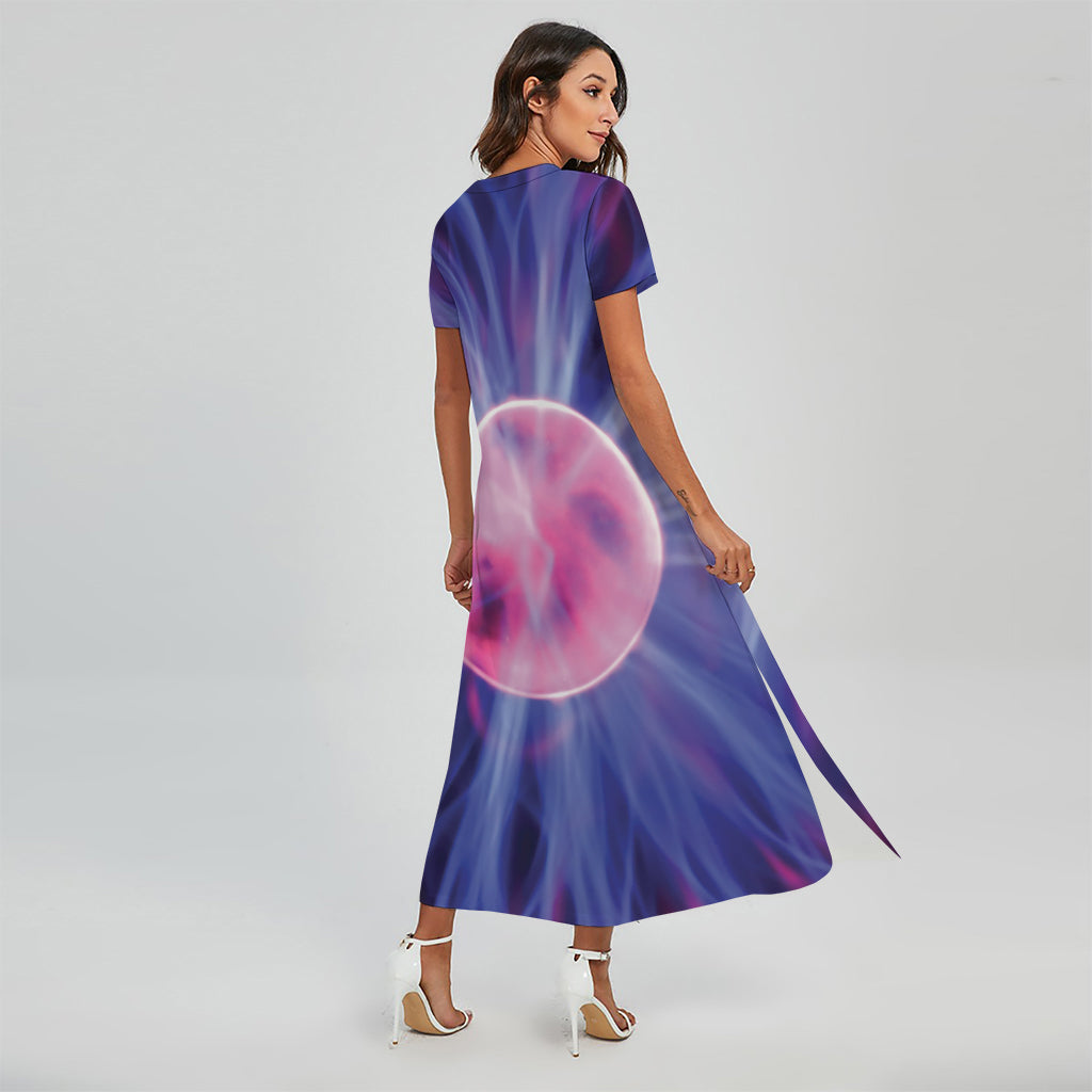 Purple Plasma Ball Print Short Sleeve Maxi Dress