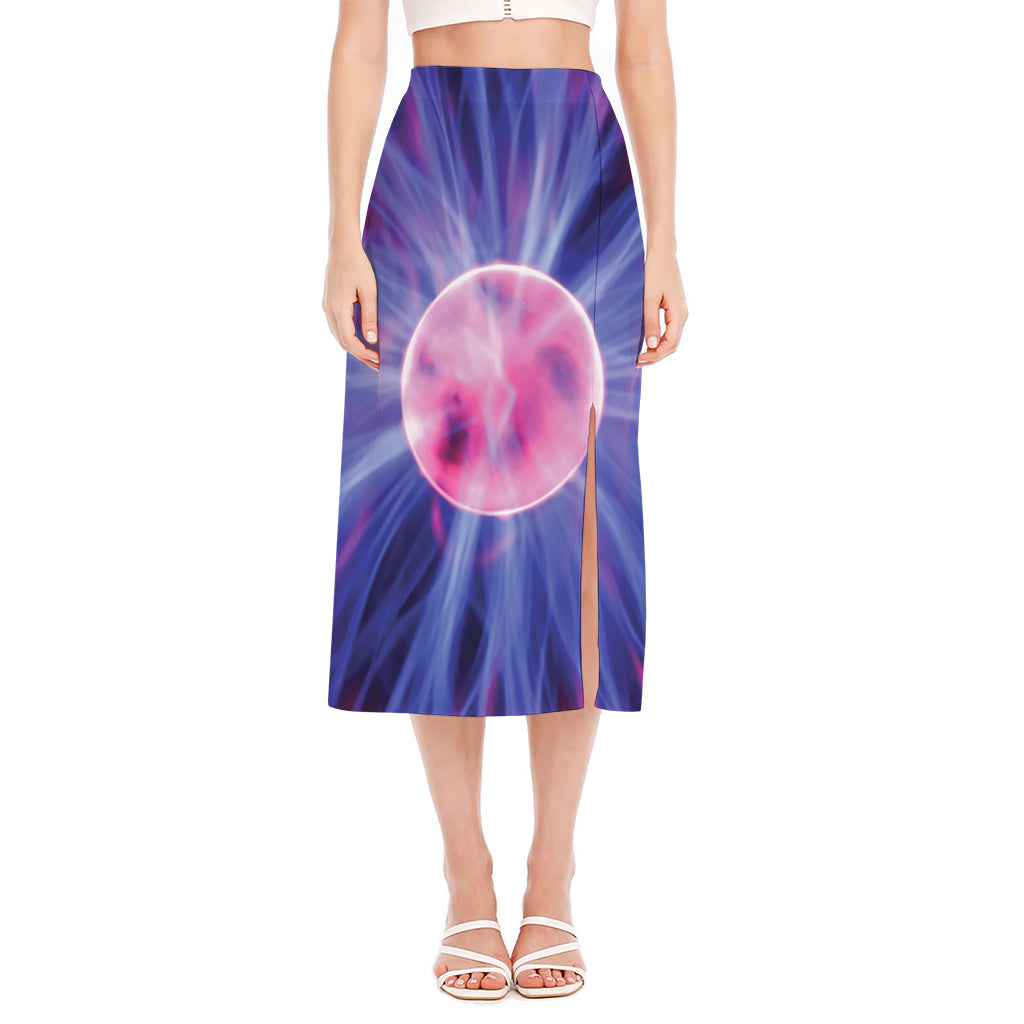 Purple Plasma Ball Print Side Slit Midi Skirt