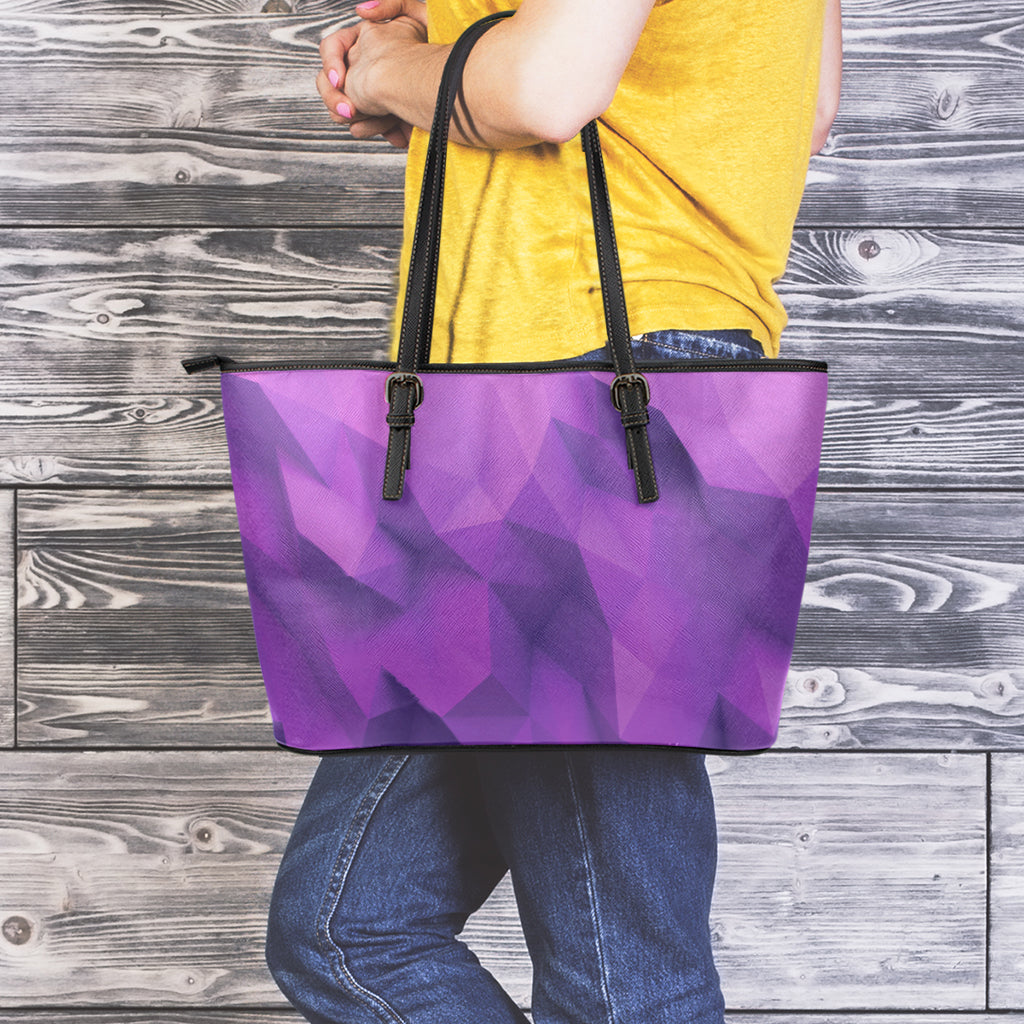 Purple Polygonal Geometric Print Leather Tote Bag