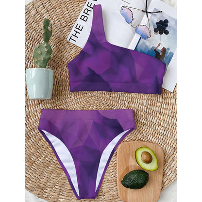 Purple Polygonal Geometric Print One Shoulder Bikini Top