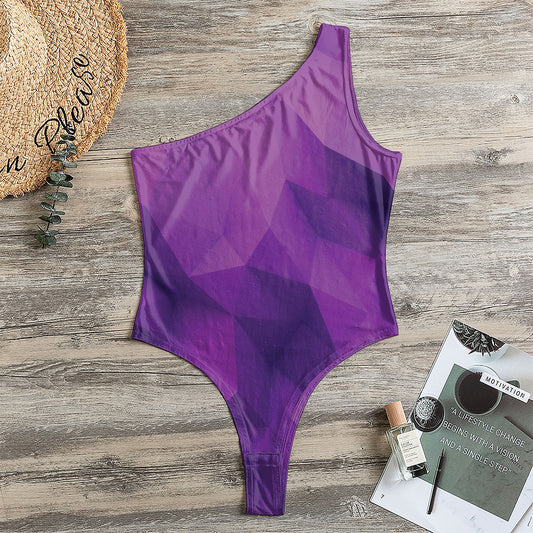 Purple Polygonal Geometric Print One Shoulder Bodysuit