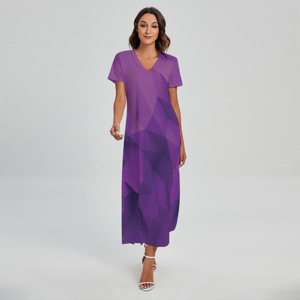 Purple Polygonal Geometric Print Short Sleeve Maxi Dress