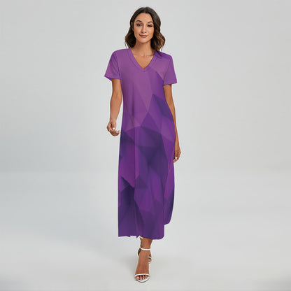 Purple Polygonal Geometric Print Short Sleeve Maxi Dress