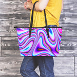 Purple Psychedelic Trippy Print Leather Tote Bag
