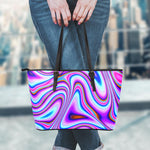 Purple Psychedelic Trippy Print Leather Tote Bag