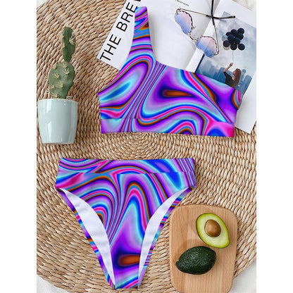 Purple Psychedelic Trippy Print One Shoulder Bikini Top