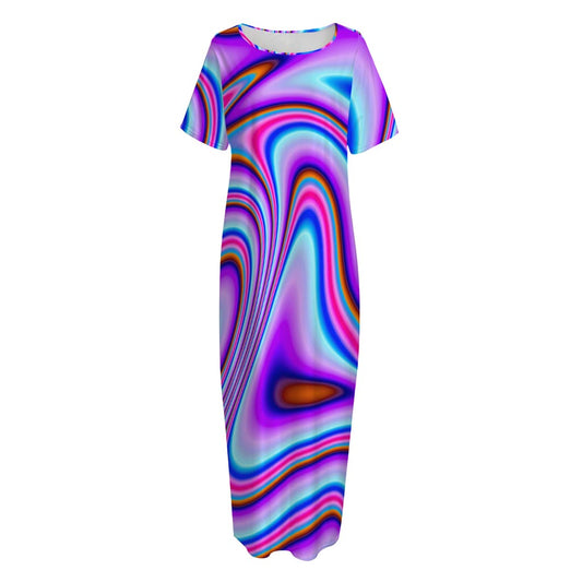 Purple Psychedelic Trippy Print Short Sleeve Long Nightdress
