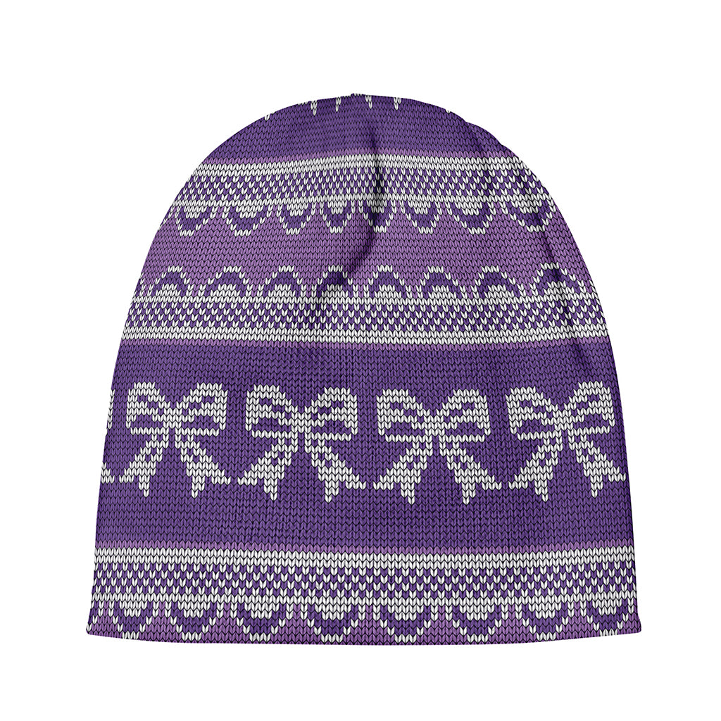 Purple Ribbon Knitted Pattern Print Beanie