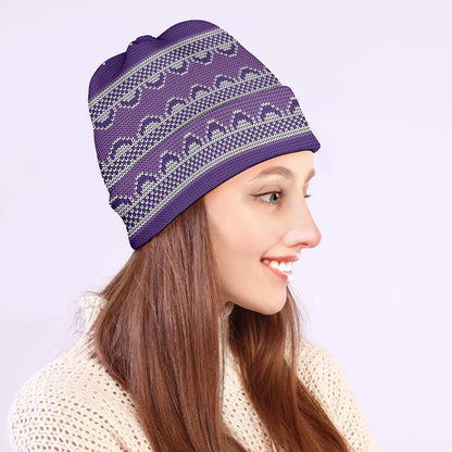 Purple Ribbon Knitted Pattern Print Beanie