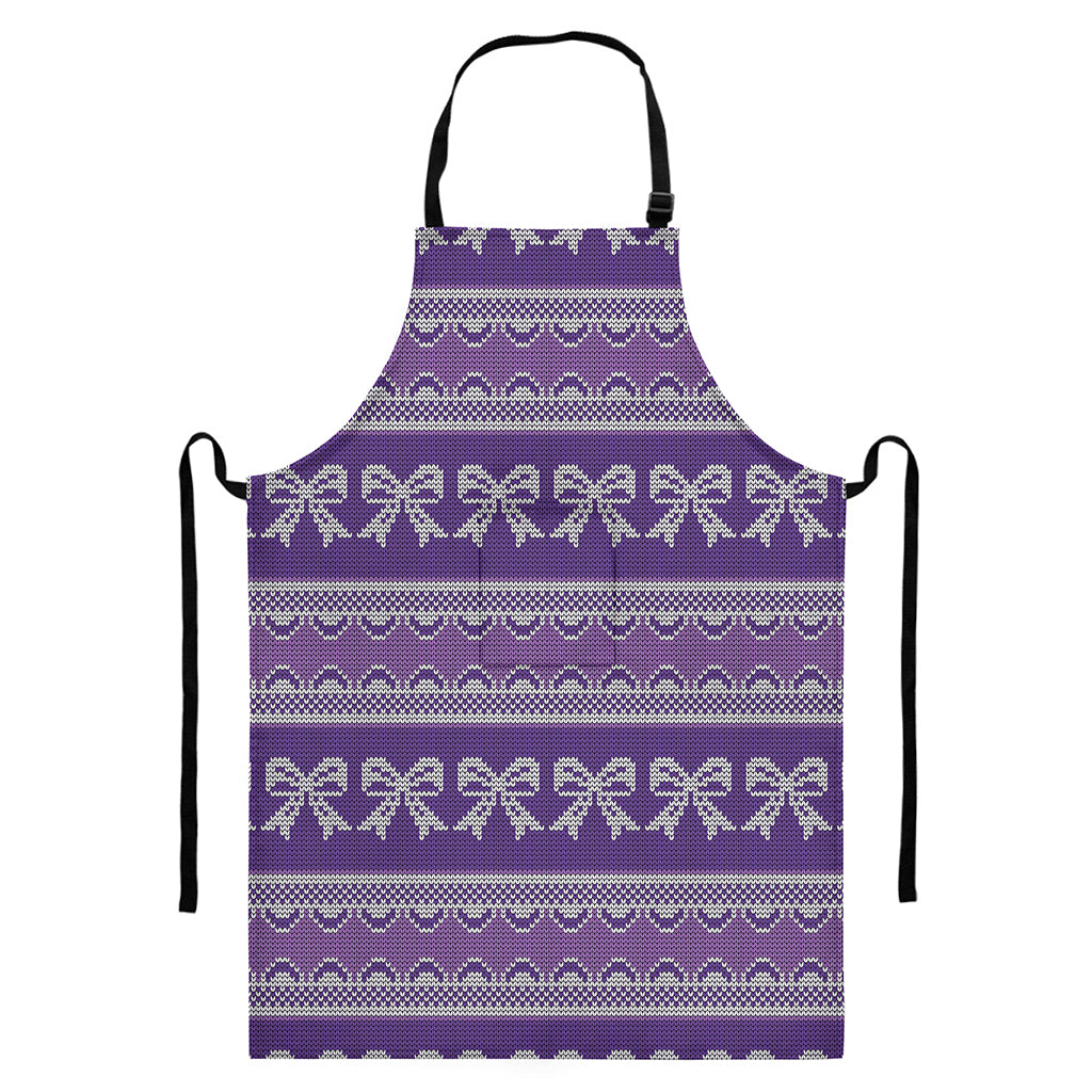 Purple Ribbon Knitted Pattern Print Bib Apron With Pocket