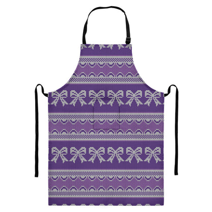 Purple Ribbon Knitted Pattern Print Bib Apron With Pocket