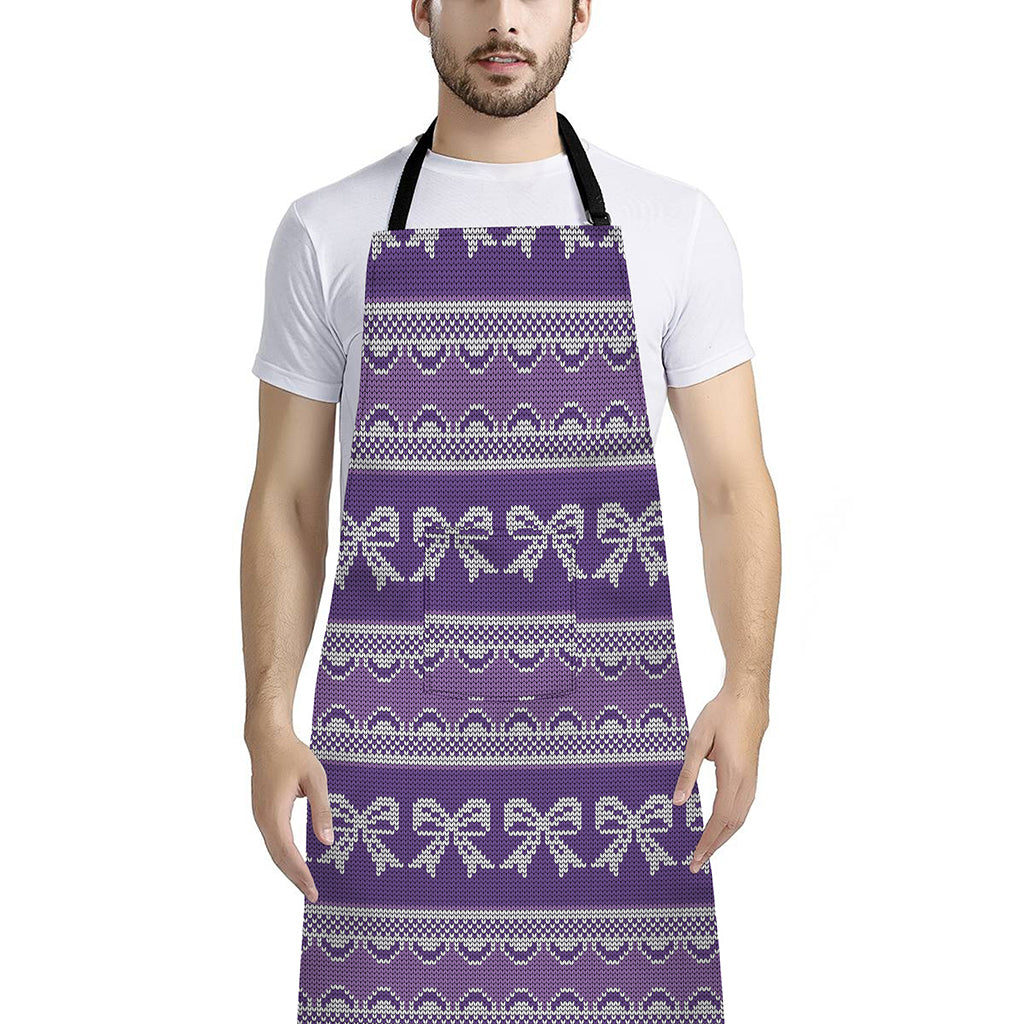 Purple Ribbon Knitted Pattern Print Bib Apron With Pocket